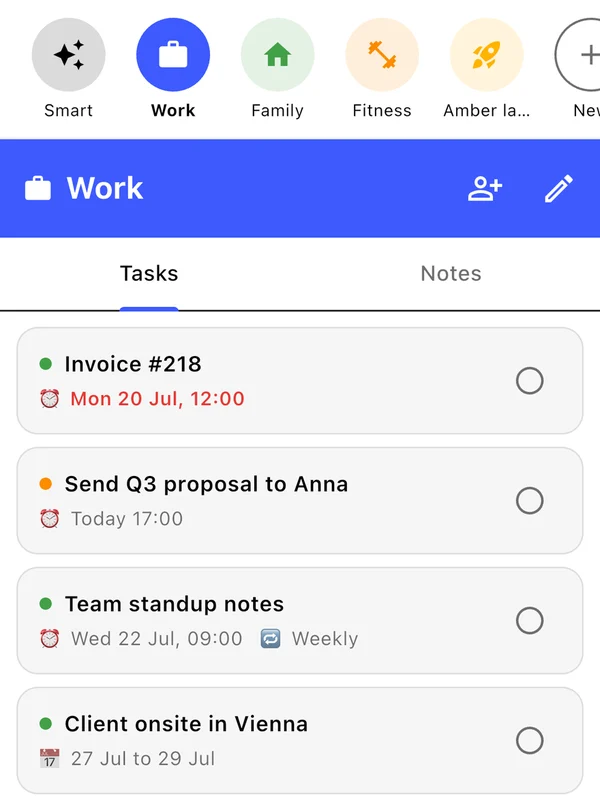Amber project view with tasks and notes tabs