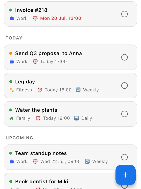 Amber task list showing weekly and daily repeating tasks