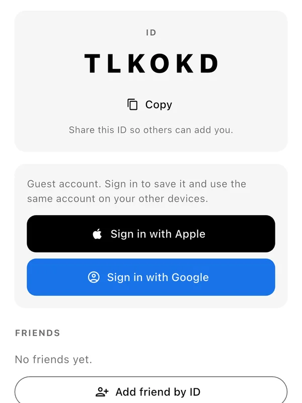 Amber account screen with a 6-letter sharing ID and friends list