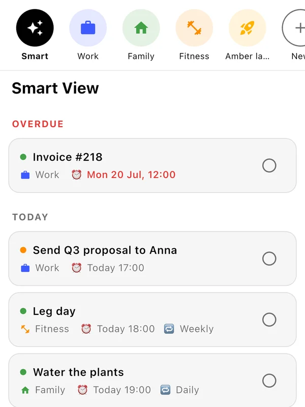 Amber Smart View: overdue, today and upcoming tasks across projects