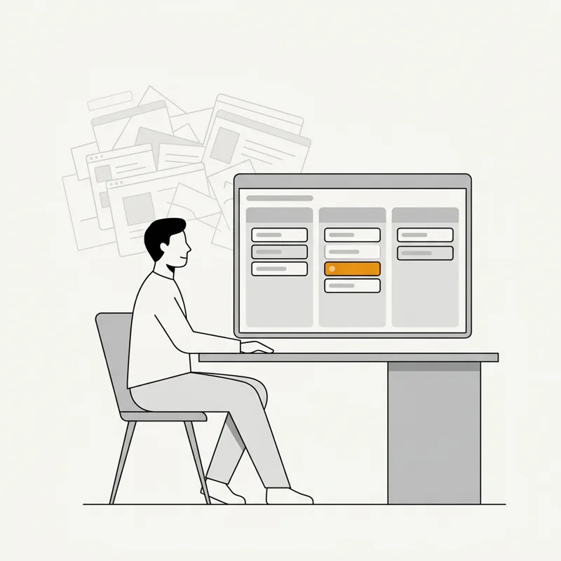Illustration: a person at a clean desk with one clear overview board, cluttered app windows faded in the background